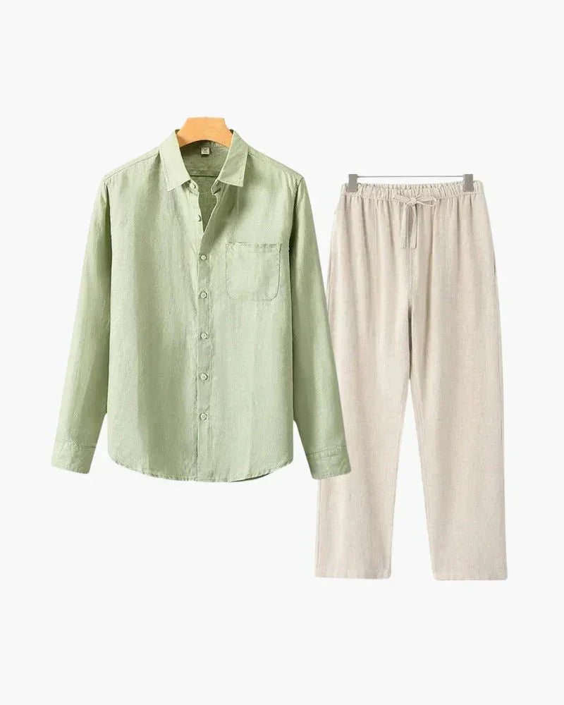 Light green linen button-up shirt and beige linen pants set on white background