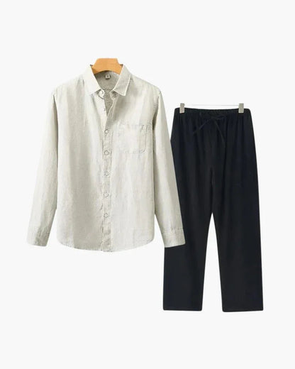 Men's linen set with beige long sleeve shirt and black drawstring pants on hangers