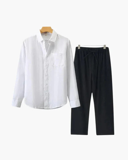 Linen set with white button-up shirt and black drawstring pants on hangers