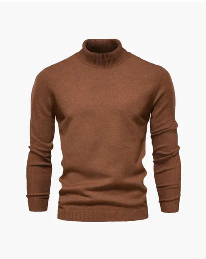 Brown cashmere turtleneck sweater with long sleeves on plain white background