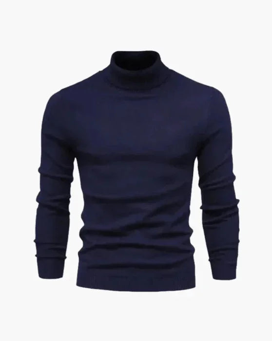 Navy blue slim fit turtleneck sweater on white background
