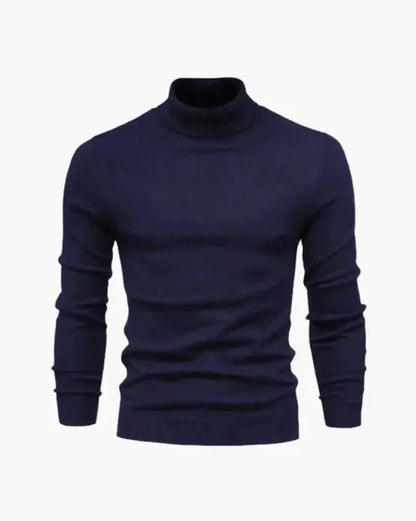 Navy blue slim fit turtleneck sweater on white background