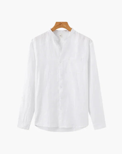 White linen mandarin collar long sleeve shirt on wooden hanger against plain background