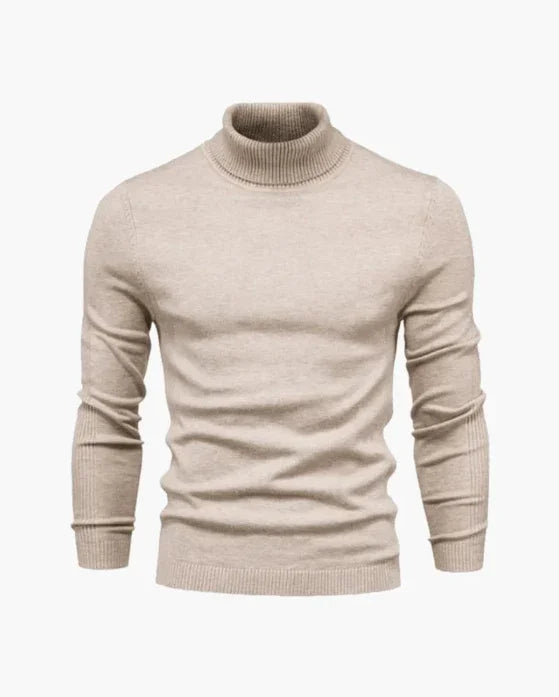 Beige turtleneck sweater for men, long sleeve, ribbed cuffs and hem, on white background