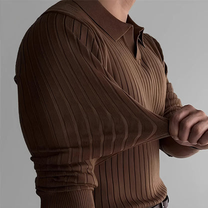 Man stretching ribbed brown sweater, long sleeve, close-up, modern men's fashion